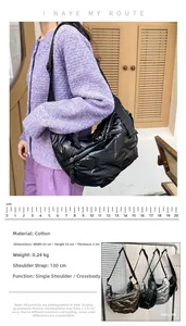 Detailed size specifications for quilted black nylon tote bag with 130cm adjustable strap