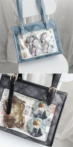 Macro shot of Ita bag with large clear PVC window and blue-grey denim texture detail