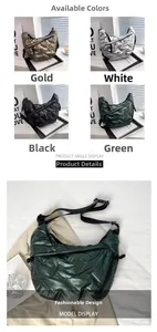 Close-up of quilted puffer tote bags in gold, silver, black, and green color options