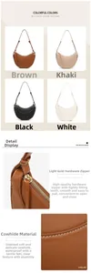 Detail view of premium leather moon bag with golden zipper and multiple color swatches