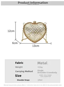 Detailed dimensions of gold heart-shaped metal hollow clutch bag with chain strap