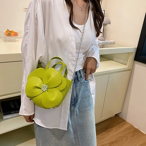 Fluorescent green flower handbag with pearl stamen and silver chain strap for women