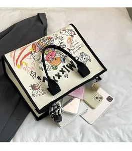 Detail view of large capacity canvas tote bag showing interior storage for tablets and essentials