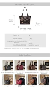 Detailed size chart for quilted tote bag showing 39x29x15cm dimensions and color options