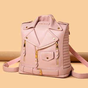 Pink punk jacket style backpack with gold zippers and rivets for fashion travel use