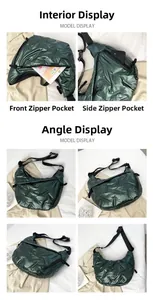 Detail of dark green quilted tote bag showing multiple zipper pockets and large capacity