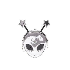 Futuristic alien head shaped crossbody bag in silver mirror finish with punk metal rivets
