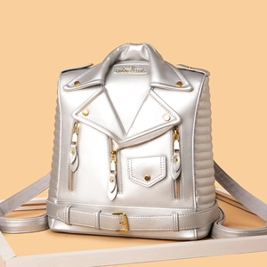 Silver punk motor jacket style backpack with metallic finish and rivet details