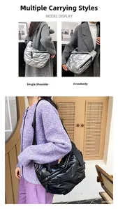 Detailed views of silver and black quilted down tote bags showing shoulder and crossbody wear