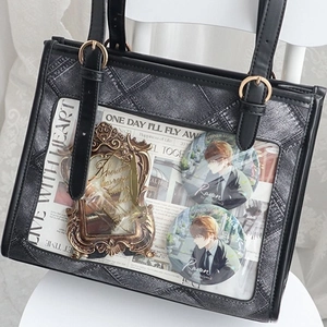 Women Ita Bag PU Leather PVC Clear Window Rhombus Stitching Large Capacity Japanese JK Style Shoulder Crossbody Handbag