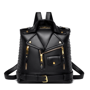 Punk style black motorcycle jacket backpack with gold hardware and PU leather texture
