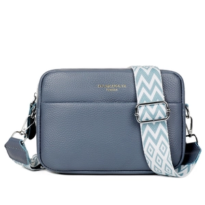 Women Genuine Leather Camera Bag Wide Woven Geometric Strap Lychee Grain Crossbody Small Square Purse