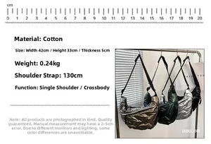 Detail view of metallic quilted tote bags showing 42cm width and adjustable strap