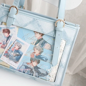 Light blue Ita bag with clear PVC window and anime card insert for JK style daily wear