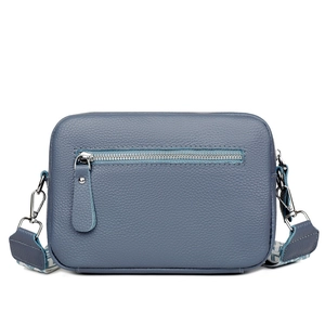 Blue-grey litchi grain leather crossbody bag with colorful woven strap and silver hardware