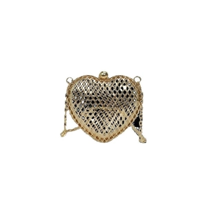 Elegant gold heart shaped metal hollow clutch bag with chain strap and spherical clasp