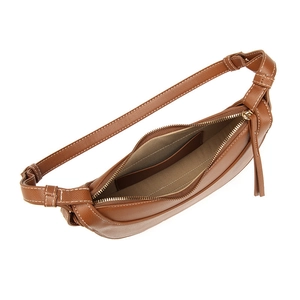 Brown Saffiano leather crescent hobo bag with white stitching and adjustable strap
