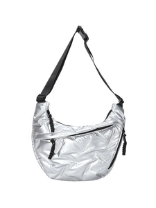 Silver quilted half-moon hobo bag with adjustable black strap and metallic nylon finish