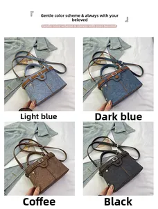 Detailed grid view of denim crossbody bags with leather trim and metal buckles in four colors