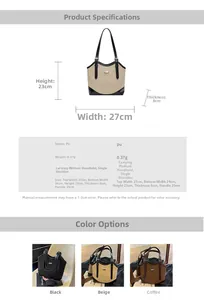 Detailed size specifications of PU leather tote bag with contrast trim and logo