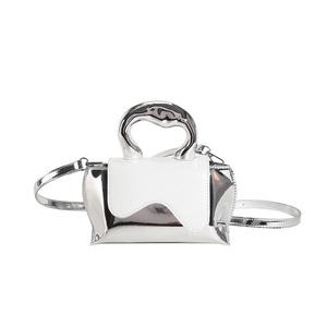Silver mirror crossbody bag with white wavy flap and unique metallic melting handle