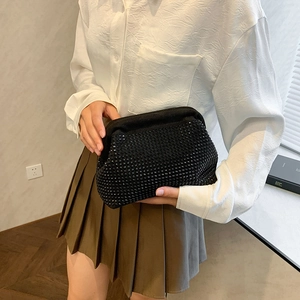 Elegant black rhinestone cloud clutch bag with pleated detail for evening and fashion use