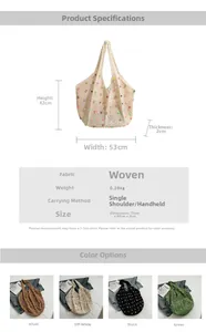 Detailed view of woven tote bag dimensions and multi-color pearl bead embellishments