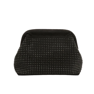 Elegant black rhinestone evening clutch bag with velvet finish and sleek trapezoid design