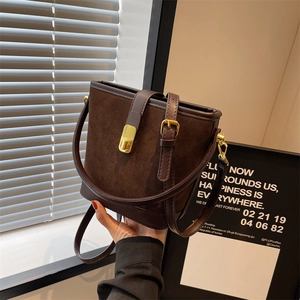 Women Bucket Bag Suede Leather Splicing Gold Lock Buckle Retro Large Capacity Handbag Shoulder Crossbody Tote