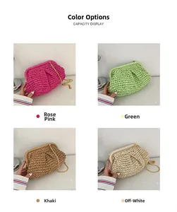 Collage showing mini straw crossbody bags in rose pink, green, khaki, and cream colors