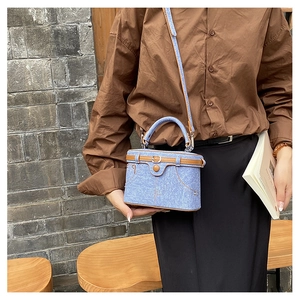 Detailed view of light blue denim vanity case bag with brown leather trim and golden handle