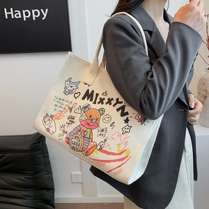 Fashion beige canvas tote bag with graffiti prints for commuting and daily wear