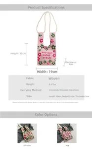 Pink knitted bucket bag with 3D flowers, pearls, and a shoulder strap close-up details