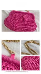 Detail display of rose red woven beach bag featuring chunky gold chain and fine texture