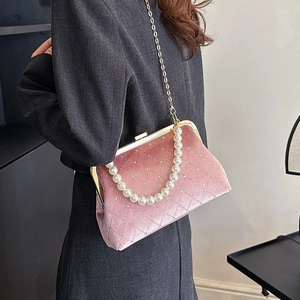 Pink velvet shell bag with diamond stitching, pearl handle and gold chain for women