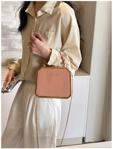 Detail of rose pink octagonal box bag with gold frame and woven handle held by model