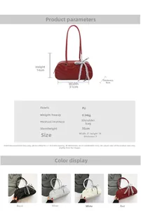 Detailed size chart and multi-color options for textured PU leather handbag with lace bow