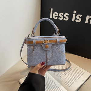 Denim Texture Box Handbag PU Leather Trim Shoulder Crossbody Bag For Women Vintage Casual Fashion