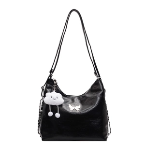 Fashion black crinkle leather bow handbag with chain strap and fluffy cloud charm