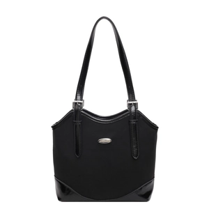 Minimalist black nylon shoulder bag with high-shine patent leather trim and metal logo