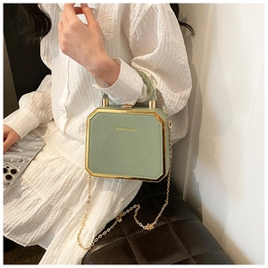 Detail of light green octagonal box bag with gold trim and chain strap on a model