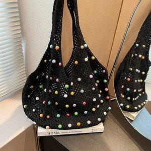 Handmade Crochet Tote Bag For Women Large Capacity Woven Shoulder Bag With Colorful Beads Bohemian Mesh Hollow Beach Purse