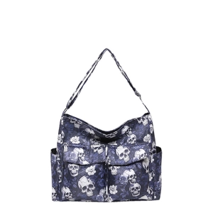 Large capacity canvas tote bag with skull and rose print and dual front pockets