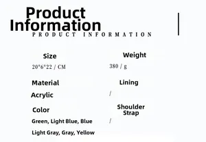 Specifications for acrylic marble crescent bag: 20x6x22cm size and 380g net weight