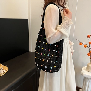 Handmade black crochet woven tote bag with colorful pearls and large storage capacity