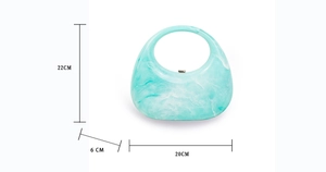 Blue marble acrylic crescent bag dimensions showing 22cm height and 20cm length