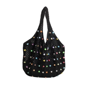 Black woven hobo tote bag with colorful pearls and hollow knit crochet design