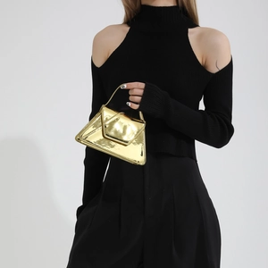 Chic metallic gold patent leather shoulder bag with asymmetrical geometric design