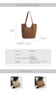Size chart for straw shoulder bag showing dimensions 36cm x 28cm in beige and khaki