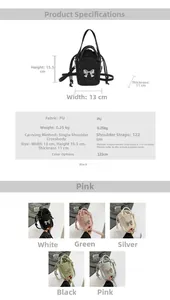 Detail showing dimensions and material specifications for this bow accent bucket bag